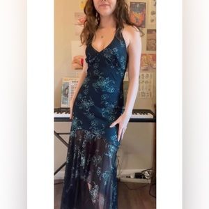 ❌sold on depop❌ vintage 90s/y2k formal floral sparkly halter dress